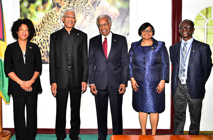 From left: Dr. Barbara Reynolds, President David Granger, Sir George Alleyne, Minister Volda Lawrence and Dr. William Adu-Krow at State House