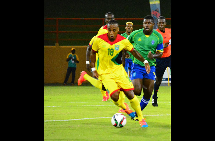 Neil Danns in action for Guyana against St Vincent and the Grenadines during the FIFA 2018 World Cup Qualifiers. (Samuel Maughn photo)