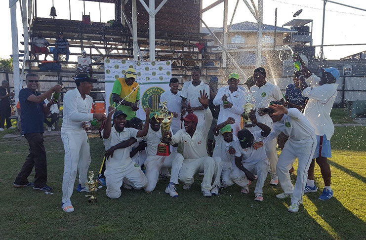 The victorious Essequibo team celebrate after winning the second edition of the Guyana Cricket Board (GCB) Franchise League three-day tournament yesterday.