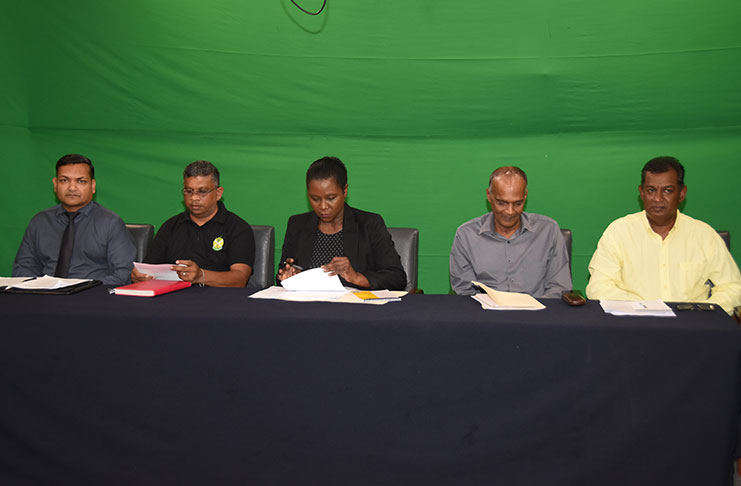 Left to right: Gavin Ramnarain, Head of the Agricultural Research Centre; Deodat Sukhoo, Chief Industrial Relations Manager; Audreyanna Thomas, Senior Communications Officer; Paul Bhim, Finance Director and DCEO; and Yusuf Abdul, General Manager- Technical Services. (Adrian Narine photo)