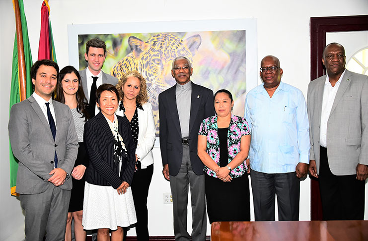 From left: Mr. Juan Riesco, Ms. Silvana Amaya, Ms. Mariko Russell, Mr. Guilherme Trivellato (standing at the back), Ms. Sophie Makonnen, President David Granger, Minister Dawn Hastings-Williams, Minister Winston Jordan and Minister of State Joseph Harmon.