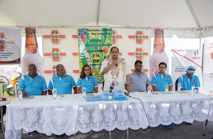 (Flashback) President of the Georgetown Softball Cricket League Inc. (GSCL Inc.) Ian John (seated extreme left) listens attentively as Prime Minister and First Vice President, Moses Nagamootoo, delivers brief remarks when the tournament was officially launched on September 10th last