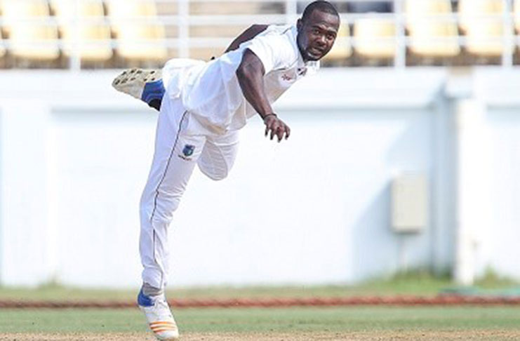 Fast bpwler Keon Joseph sends down a delivery during his spell on the third day of the opening four-day ‘Test’ against Sri Lanka A. (Photo courtesy CWI Media)