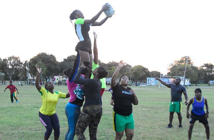 Guyana’s Women Sevens Rugby Team during training yesterday at the National Park. (Adrian Narine photo)