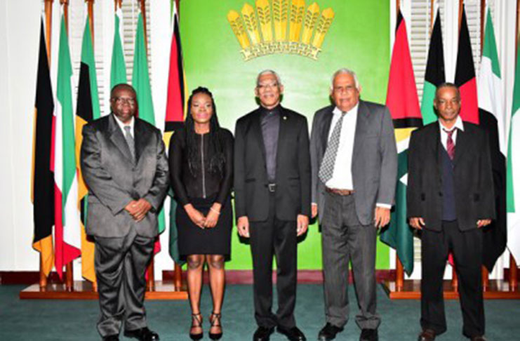 At the swearing-in of the new Public Service Appellate Tribunal Registrar are, from left: The Ombudsman, Mr. Winston Patterson; Ms. Amoura Giddings; President David Granger; Justice Nandram Kissoon and Mr. Winston Brown (DPI photo)