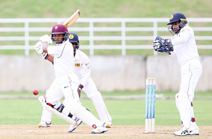Windies A batsman Vishaul Singh cuts  during his unbeaten 58 on the first day of the at Trelawny Multiplex. © (CWI Media/Athelstan Bellamy).
