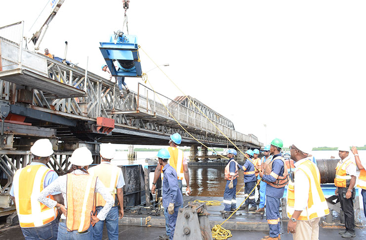 The north-eastern 12 tonne hydraulic winch being removed from the DHB (Rabindra Rooplall photo)