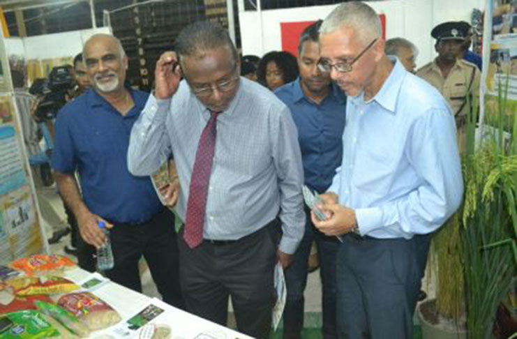 Minister of Business, Dominic Gaskin and President, Upper Corentyne Chamber of Commerce, Mohamed Raffik, checking out the Guyana Rice Development Board booth at the opening of Berbice Expo 2017.