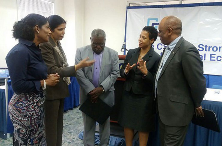 (From left) Barbados Labour Minister, Dr. Esther Byer Suckoo; CARICOM Deputy Secretary-General, Ambassador Manorma Soeknandan; Barbados Ambassador to CARICOM, Robert 'Bobby' Morris; Ms Gladys Young, CARICOM Secretariat; EU Representative Stephen Boyce