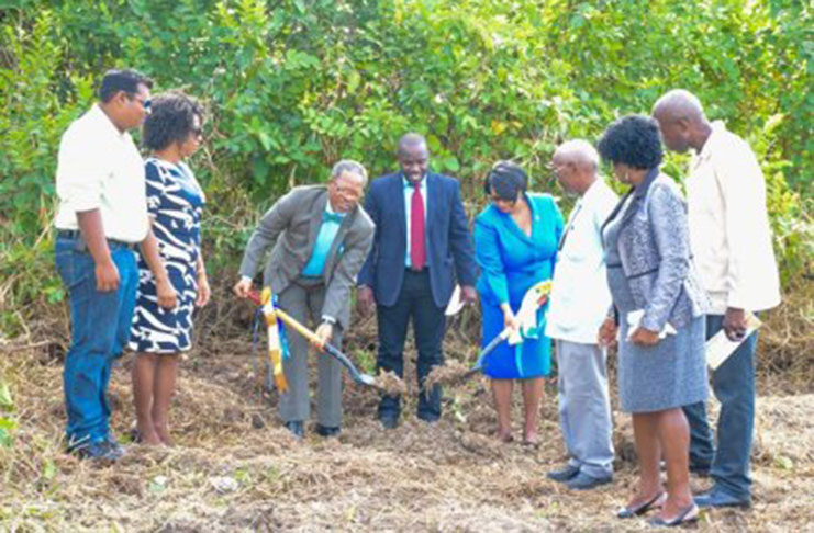 Minister of Public Health, Volda Lawrence and Professor Ivelaw Griffith, Vice- Chancellor and Principal of the University of Guyana turning the soil at the site for the Food and Drug Laboratory Complex.