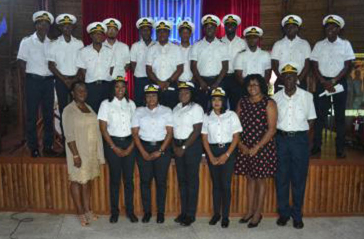 Minister within the Ministry of Public Infrastructure, Annette Ferguson;  MARAD’s Harbour Master Michael Tennant (next to minister) and MARAD’s Director- General Claudette Rogers, pose with the 16 graduates