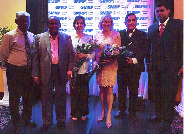 At the Awards ceremony:  (From left: Ganesh Ramsahai, Representative for Nations in Trinidad;the Honourable Bishwaishwar
 Ramsaroop Maraj, High Commissioner from Guyana to Trinidad and Tobago and his wife; Dr. and Mrs. Brian O’Toole;and Keven Ramnarine, the former Minister of Natural Resources in Trinidad and Tobago.