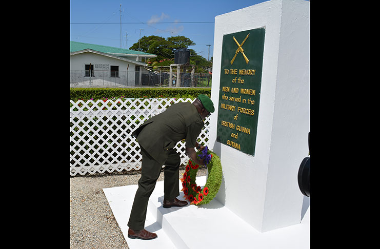 Chief-of-Staff of the Guyana Defence Force, Brigadier Patrick West as he laid a wreath at the Veterans' Monument, during the Veterans' Day ceremony. (Rabindra Rooplall Photo)