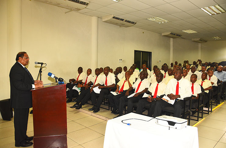 Prime Minister Moses Nagamootoo addressing police recruits at a men’s forum held as part of the Ministry of Social Protection’s 16 days of Activism Campaign against Gender-based Violence (Adrian Narine photo)