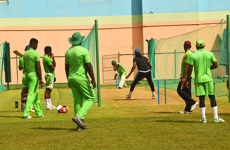 Some members of the Guyana Jaguars squad during their net session yesterday. (Adrian Narine photo)