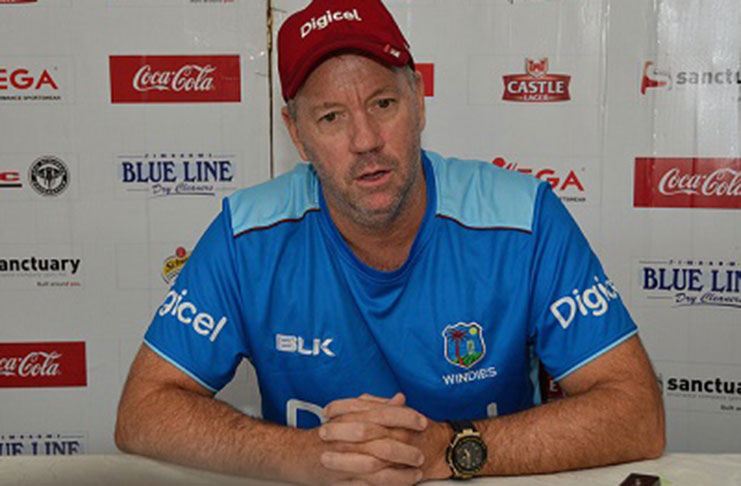 West Indies head coach, Stuart Law, speaks to reporters following the drawn second Test at Queens Sports Club. (Photo courtesy CWI Media)