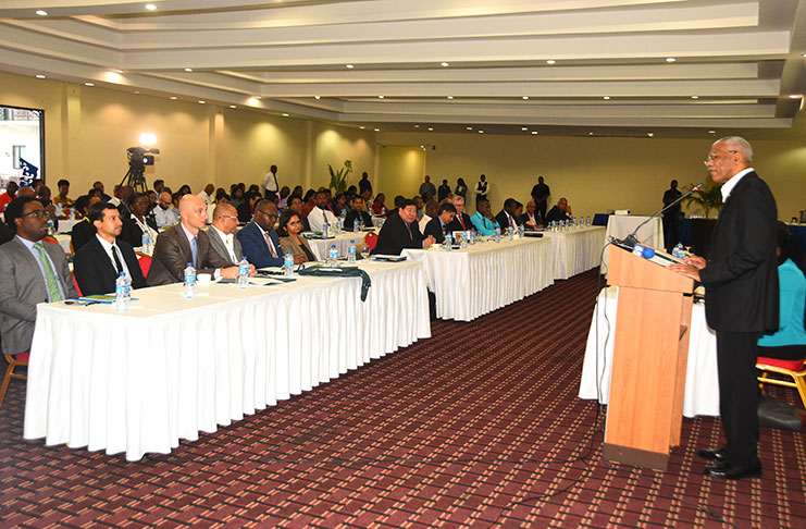 President David Granger delivering the keynote address during the Green State Development Strategy Multi-Stakeholder Expert Group Meeting at the Ramada Princess Hotel