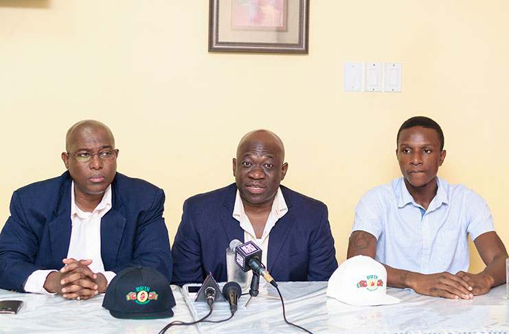 In this Delano Williams’ photo, GBA president Steve Ninvalle (left) addresses members of the media at yesterday’s launch. Sitting at Ninvalle’s left is boxing promoter Seon Bristol and at extreme right is Alex Murray.