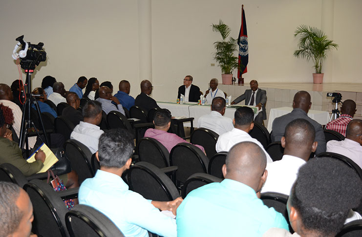 At the opening of the SARA workshop on Monday. Seated at the head table are, from left, GRA Commissioner-General, Mr Godfrey Statia; SARA Director, Dr  Clive Thomas; and CEO of SARA, Mr Aubrey Retmeyer
