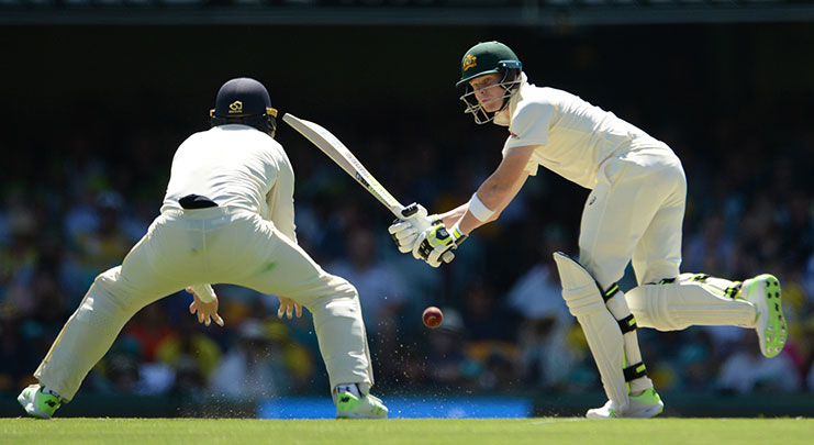 Australia captain Steven Smith calmly battles his way to an unbeaten 64 at the close.