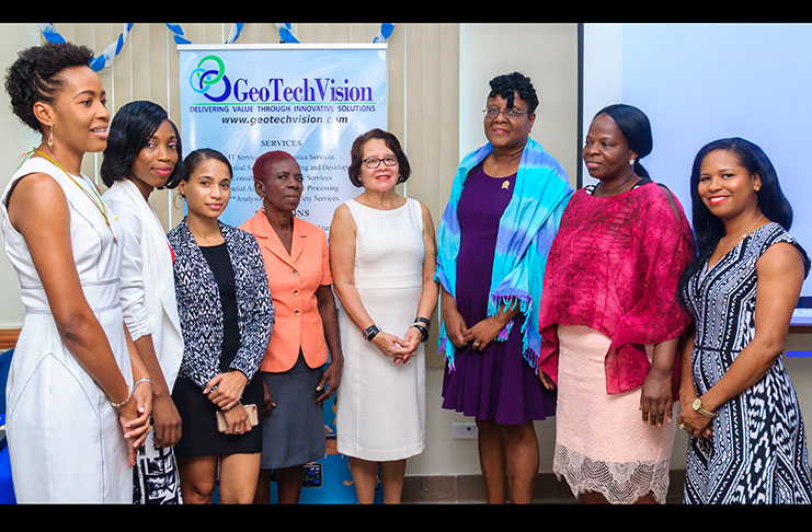Six of the women chosen for the WINC AP  2017 with First Lady, Mrs. Sandra Granger (fourth right) and  GeoTech Vision’s Managing Director,  Ms. Valrie Grant (extreme left).  They are, from left: Ms. Candace Wickham; Ms. Christine Gooding; Ms. Veronica Glen; Ms. Cecily Bernard; Ms. Maxine George; and Ms. Natasha Gooding