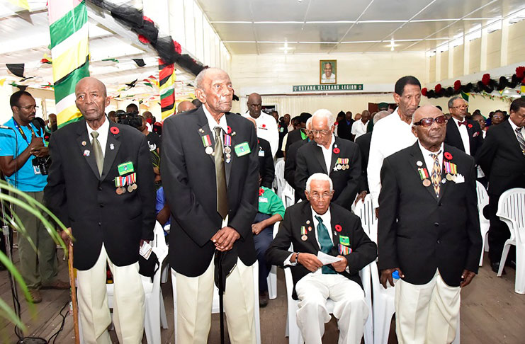 Surviving servicemen who served in the British Guiana Battalion of the South Caribbean Forces during World
War 11 at Coghlan House, Carifesta Avenue, Georgetown on Sunday (Ministry of the Presidency photo)