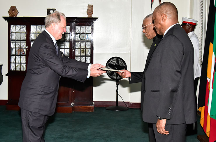 Germany's Ambassador to Guyana, Mr. Holger Wilfried Michael presenting his Letters of Credence to President David Granger