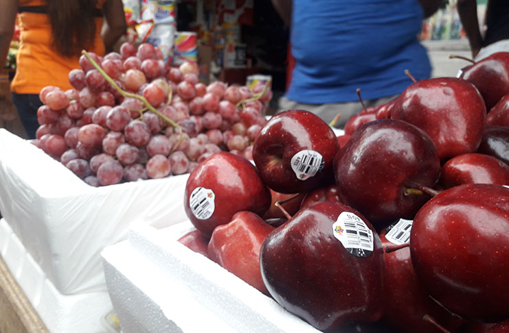 Some of Kwesi’s apples and grapes being sold in the environs of the Stabroek Market