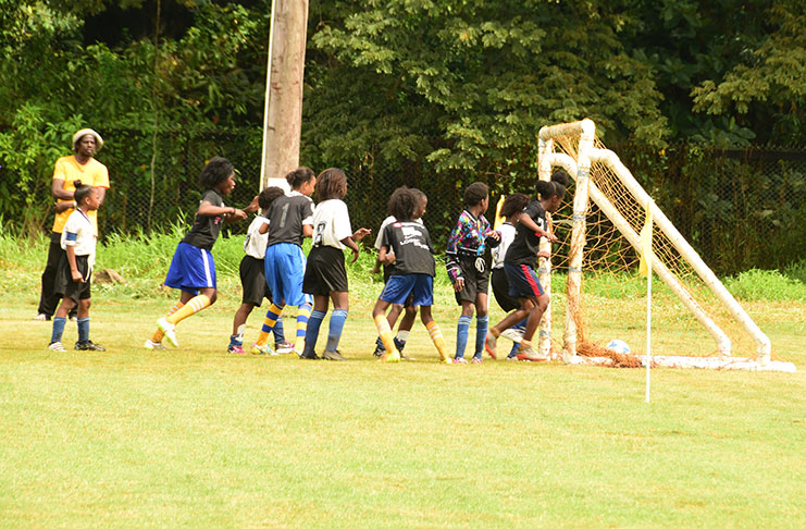 One of the eight goals scored by St Pius in their drubbing of Tucville. (Adrian Narine Photo)