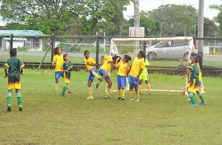 One of the many goals scored during the semi finals of the MoPH Smalta girls U-11 football tournament( Adrian Narine Photo)