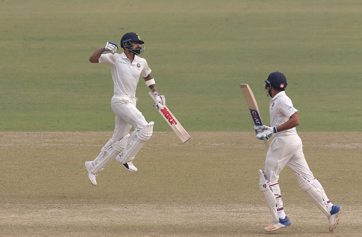 Virat Kohli celebrates with abandon upon becoming the first Test captain with six double-centuries ©BCCI