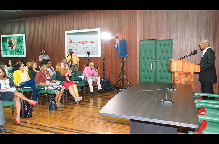 President David Granger addresses members of the media for the first time this year. (Delano Williams photo)
