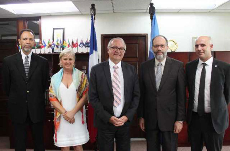 (L-R) Amb. Colin Granderson, Assistant Secretary-General, Foreign and Community Relations, CARICOM Secretariat; Mrs. Edith Joly, wife of the Plenipotentiary Representative of France to CARICOM; His Excellency Antoine Joly, Plenipotentiary Representative of France to CARICOM; Secretary-General of CARICOM, Ambassador Irwin LaRocque; and Honorary Consul of France in Guyana, Mr. David Bertelli.