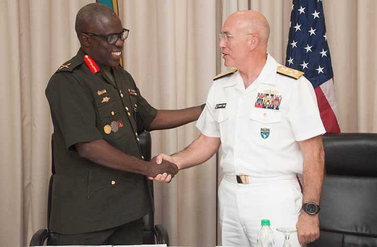 Chief-of-Staff of the Guyana Defence Force, Brigadier Patrick West and Head of the US Army’s Southern Command, Admiral Kurt
Tidd at media briefing held at the Marriott Hotel