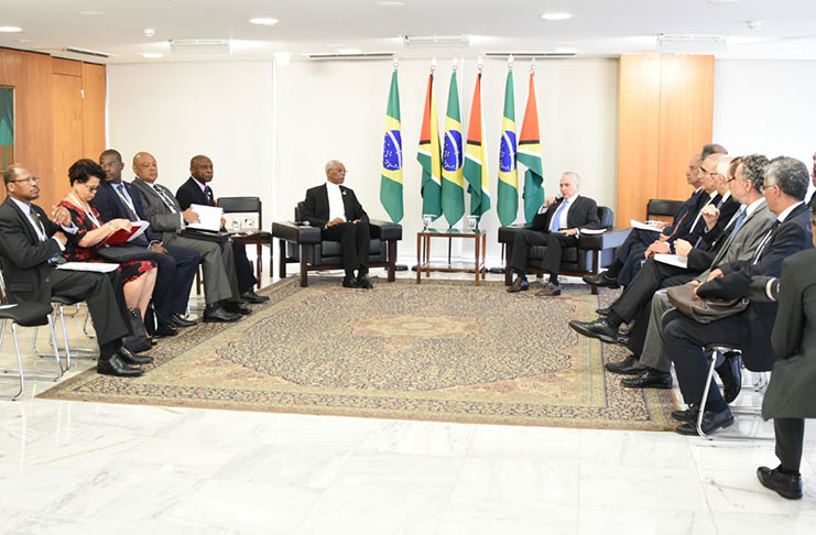President David Granger and his counterpart of Brazil, President Michel Temer and their respective delegations held talks on a range of issues Thursday morning
