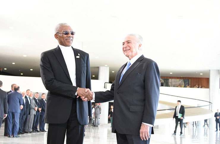 President David Granger is greeted by Brazil's President, His Excellency Michel Temer