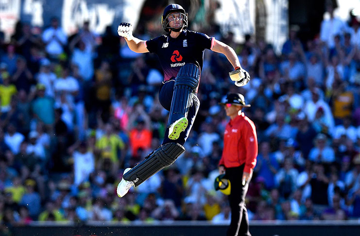 Jos Buttler leaps in celebration of his outstanding century reached off the final ball. ©Getty Images