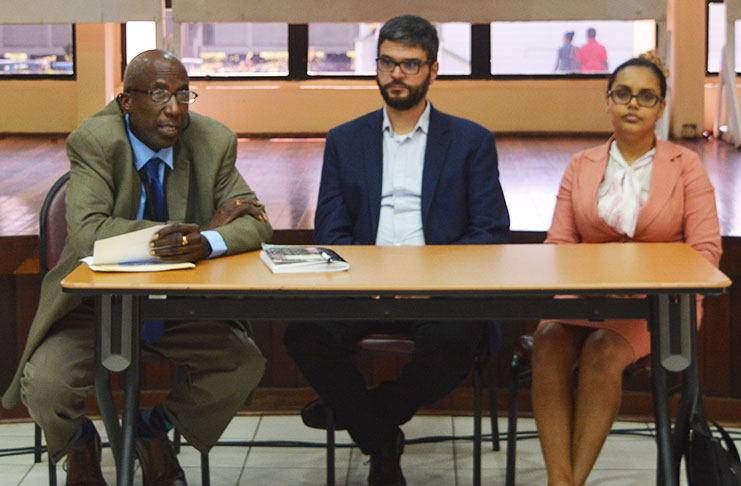 At the CLBD-led seminar on Monday at UG. Seated from left are: Director of the Office of Strategic Initiatives, Fitzgerald Yaw;  CLBD Project Director, Patrick Henry; and CLBD Senior Business Specialist, Natasha Gaskin-Peters