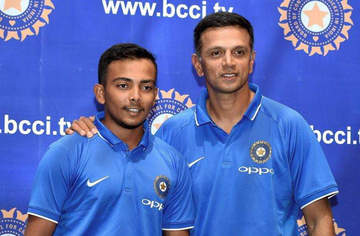 Coach Rahul Dravid and Indian Under-19 captain Prithvi Shaw (PTI).