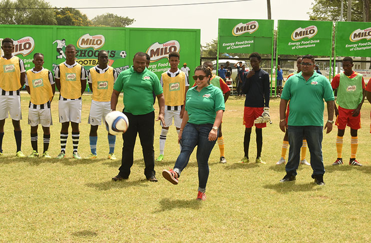 The official kickoff of the sixth Milo Schools U-18 Football tournament was done by a representative of the Milo Company in the presence of teams and officials. (Adrian Narine photo)