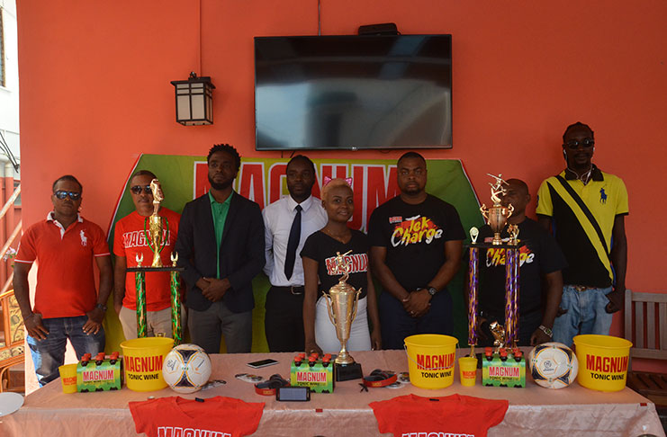 Members of the launch party for the inaugural Magnum Mash Futsal Championship at the Windjammer International Hotel and Cuisine, Kitty. In the photo are NSC’s Brian Smith (3rd from left), Legacy Entertainment member Esan Griffith (4th from left) and Magnum Brand Coordinator Edison Jefford (3rd from right).