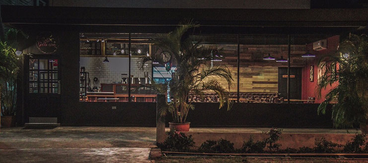 An exterior view of the café at night
