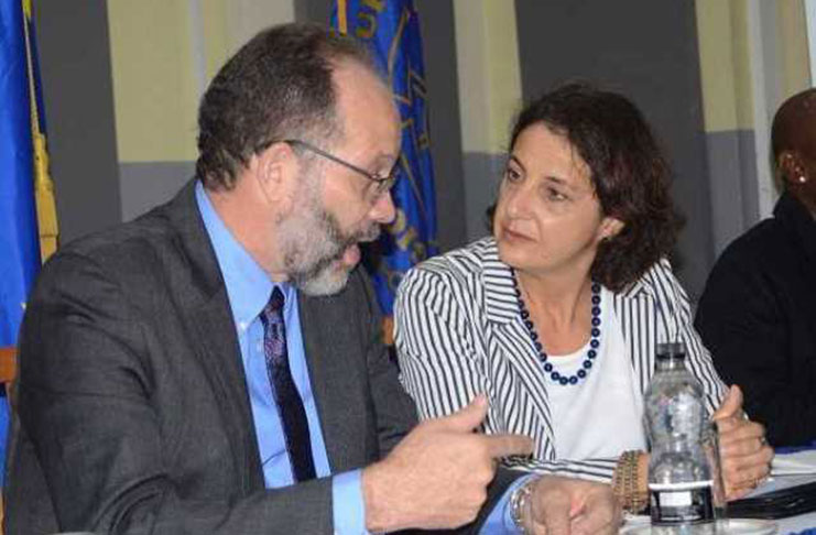 CARICOM Secretary-General Ambassador Irwin LaRocque converses with Head of the EU Delegation, Ambassador Daniela Tramacere