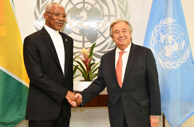 President David Granger exchanged a handshake with the United Nations Secretary-General, Mr. António Guterres during their meeting back in September 2017 at UN Headquarters, New York. (Ministry of the Presidency photo)