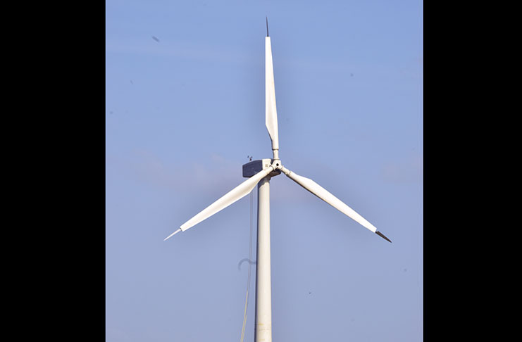 The massive wind turbine that has been set up at
Skeldon Line Path, Berbice and is expected to be
commissioned this month (Adrian Narine photo)