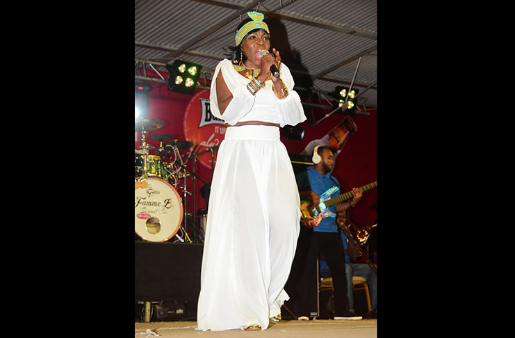 Onika Joseph, the 2018 Adult Calypso Monarch, performing her hit “Woman is Boss” (Adrian Narine photo)