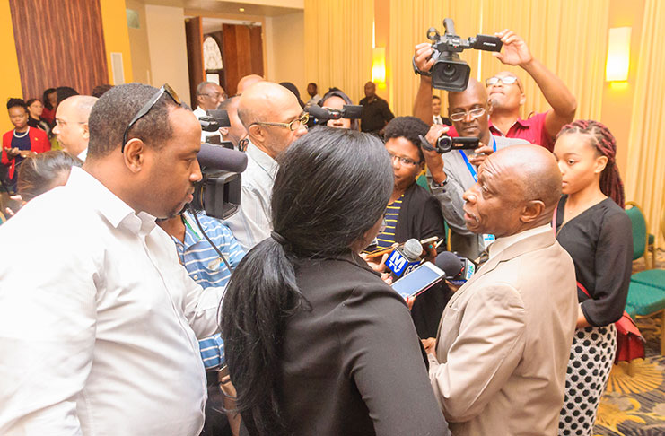 Acting President and Minister of Foreign Affairs, Carl Greenidge, speaking with members of the media at the Pegasus Hotel on the Guyana/Venezuela Territorial Controversy (Photo by Delano Williams)