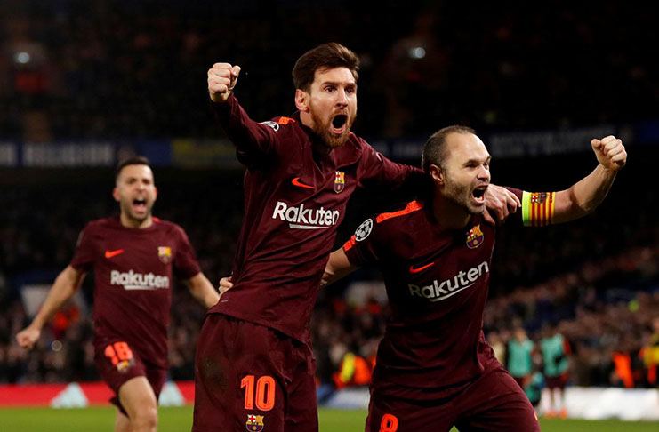 Barcelona’s Lionel Messi celebrates scoring their first goal with Andres Iniesta. (Action Images via Reuters/Andrew Boyers)