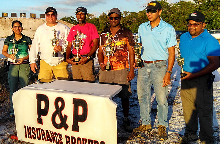 Prize-winners 2018 of the P&P-sponsored GSSF’s Practical Pistol Match. From left: Mrs Vidushi Persaud-McKinnon, Dr Johan DaSilva, Mr Ryan McKinnon, Mr Rajiv Latchana, Mr Andrew Phang and Mr David Dharry