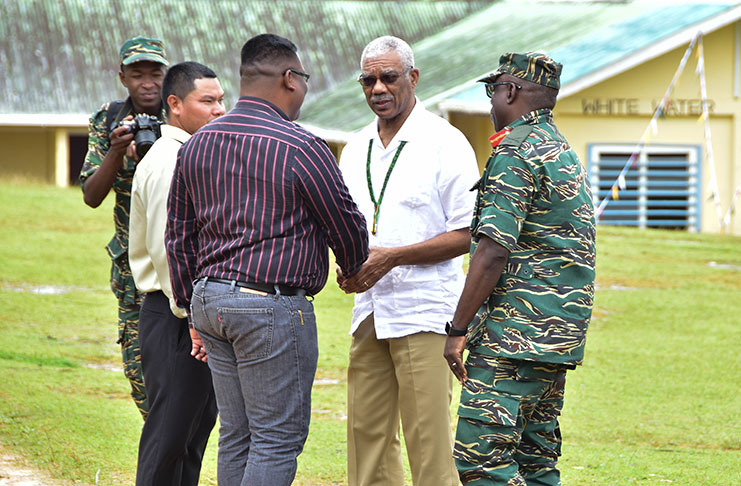 President David Granger being greeted by officials at Whitewater, Region One